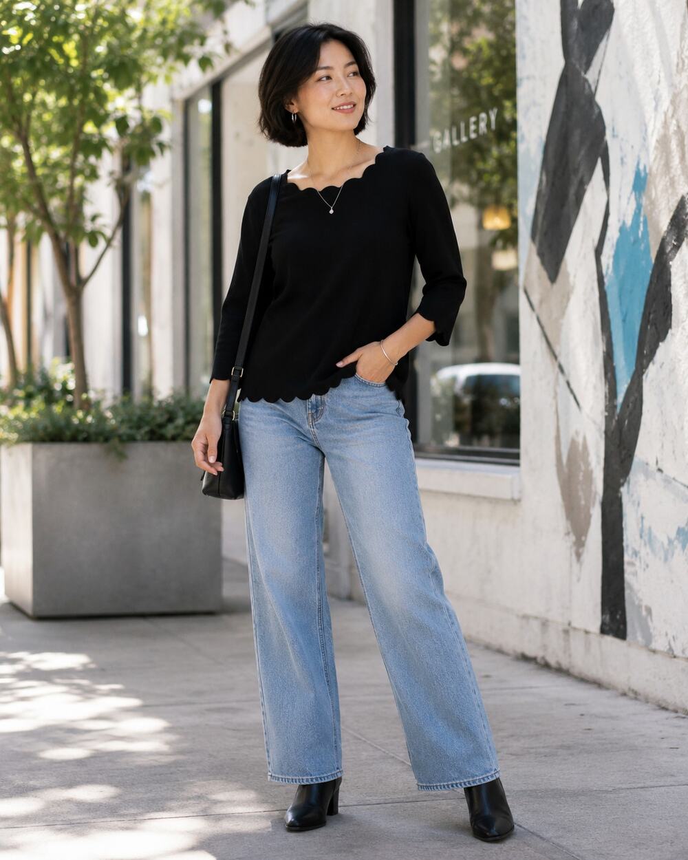 Cable & Gauge 1X Black Scalloped Knit Sweater 3/4 Sleeve